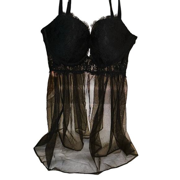 Victoria's Secret Babydoll Nightie Mesh Lace Padded Cups Adjustable Black - Picture 2 of 4
